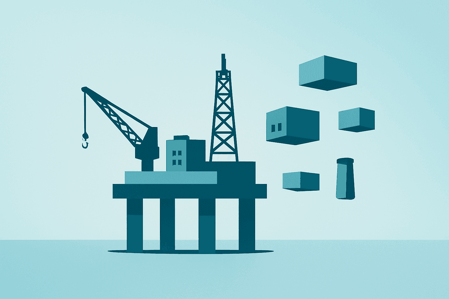 Minimalist vector of an offshore platform representing BP launches North Sea sale and a portfolio overhaul under Meg O'Neill.