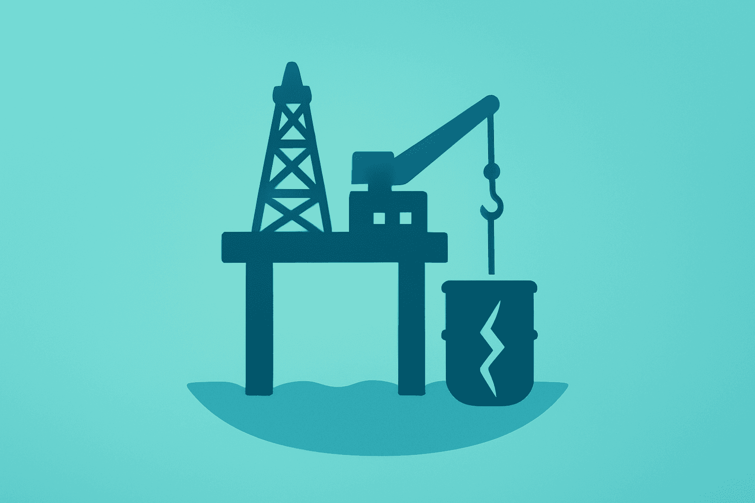 Centered flat vector of an oil platform with fractured shell evoking Exxon Mobil Venezuela policy risk and blocked reentry.