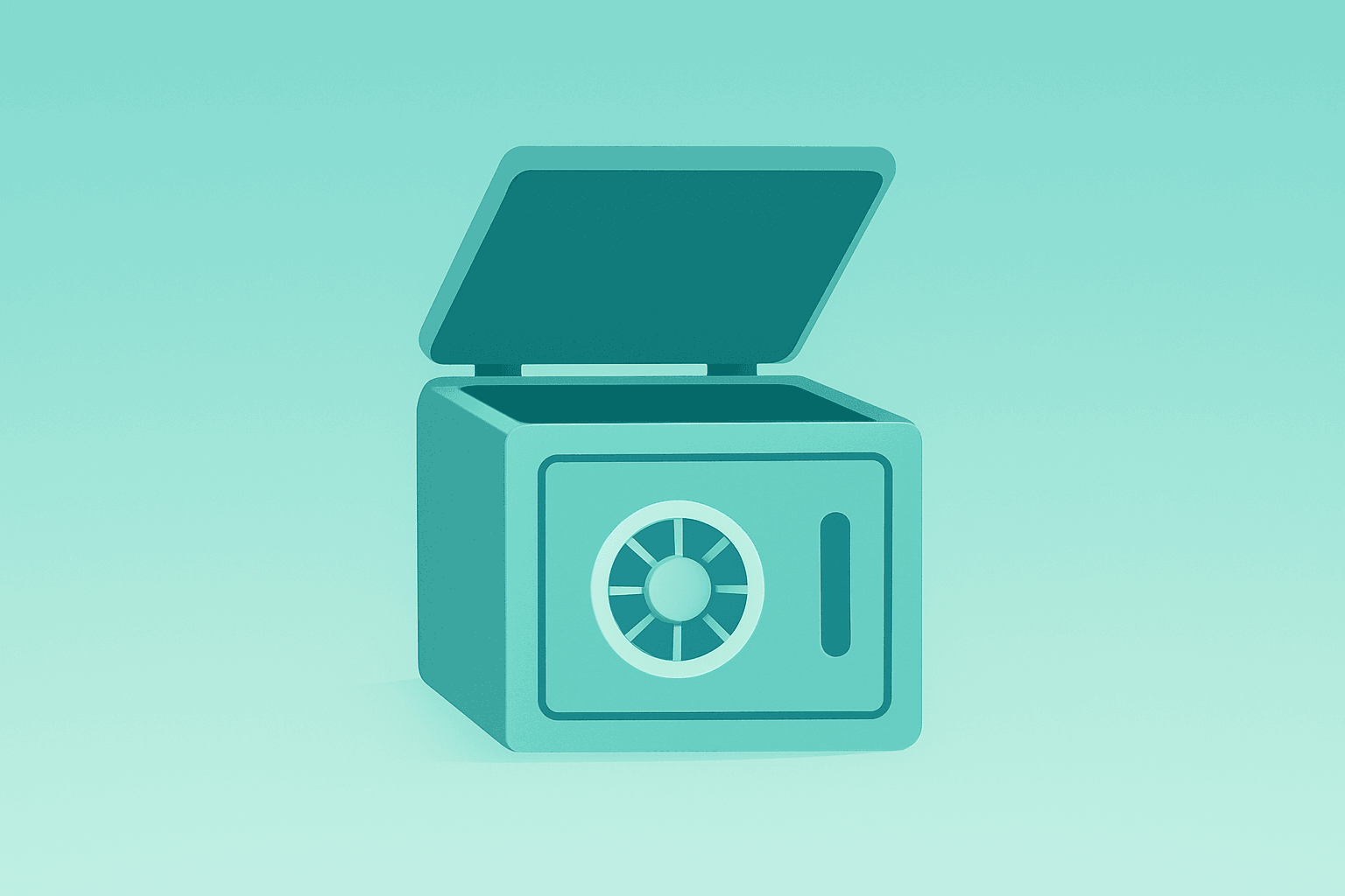 Flat filled vector of an asset vault with expanding lid on an emerald-pearl gradient, representing BlackRock earnings and AUM.