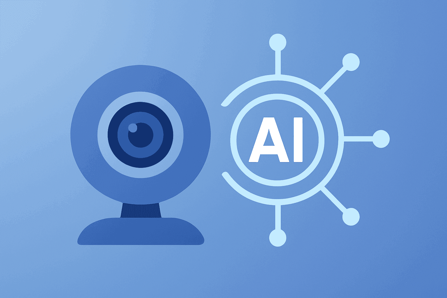 Flat vector of a webcam lens blooming into an AI core to symbolize Zoom Q1 earnings, AI-driven growth and buybacks.