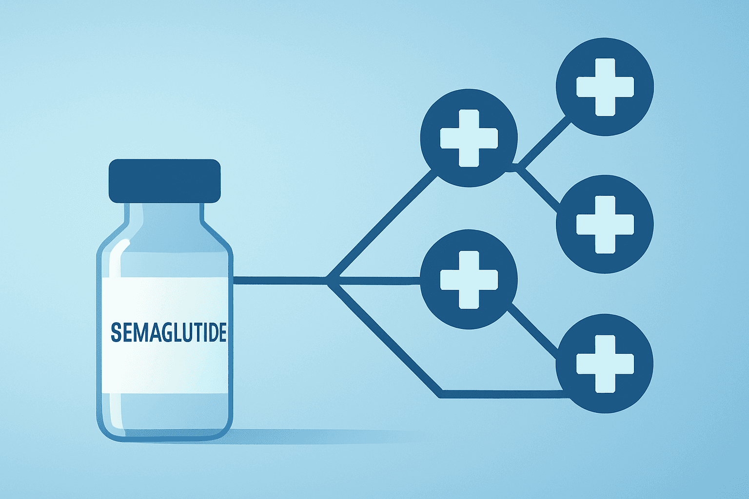 Flat vector of a semaglutide vial merging with a pharmacy network, symbolizing Wegovy HD FDA approval.