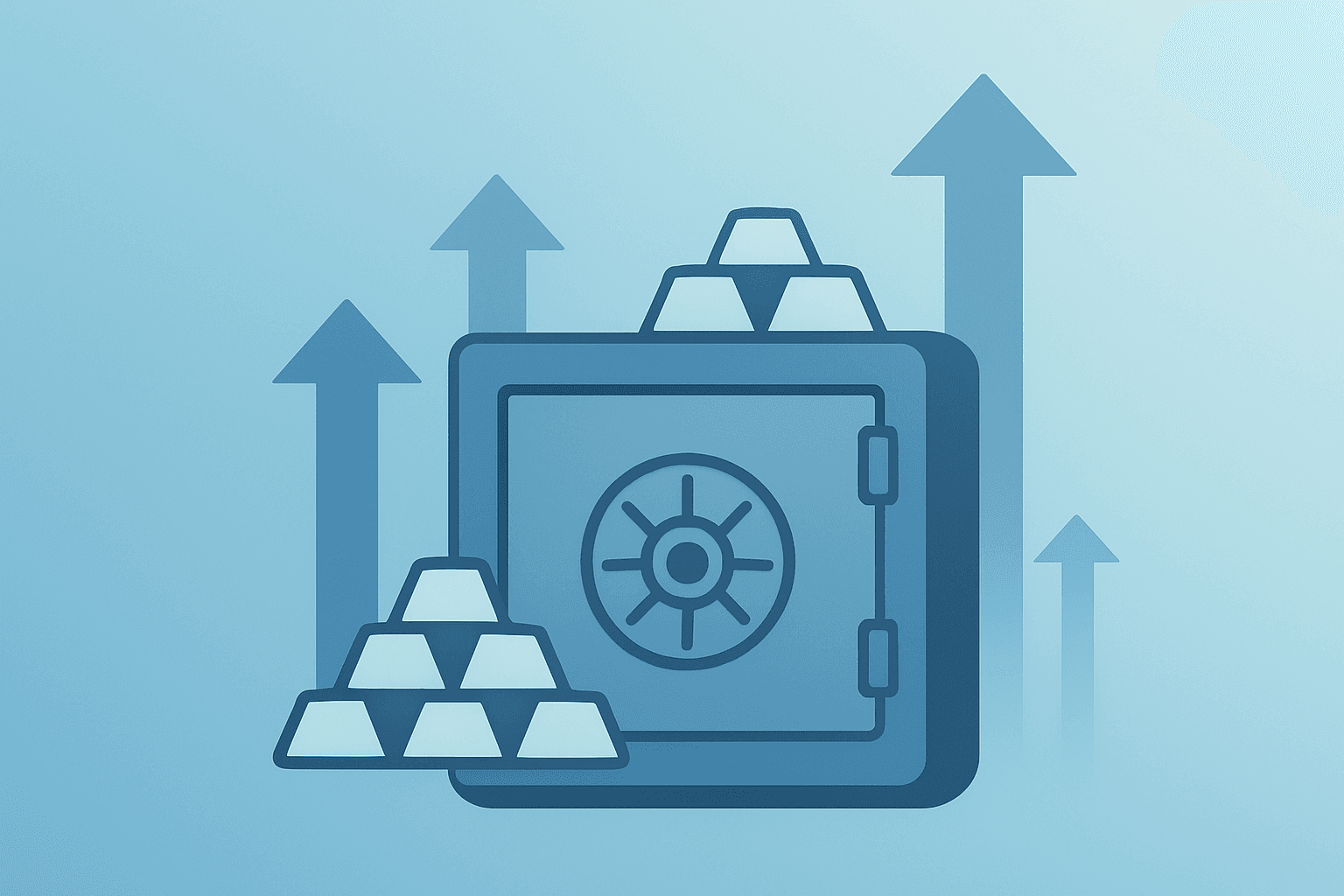 Flat vector of a bullion vault bulging with inflows to symbolize the gold record high and silver rally