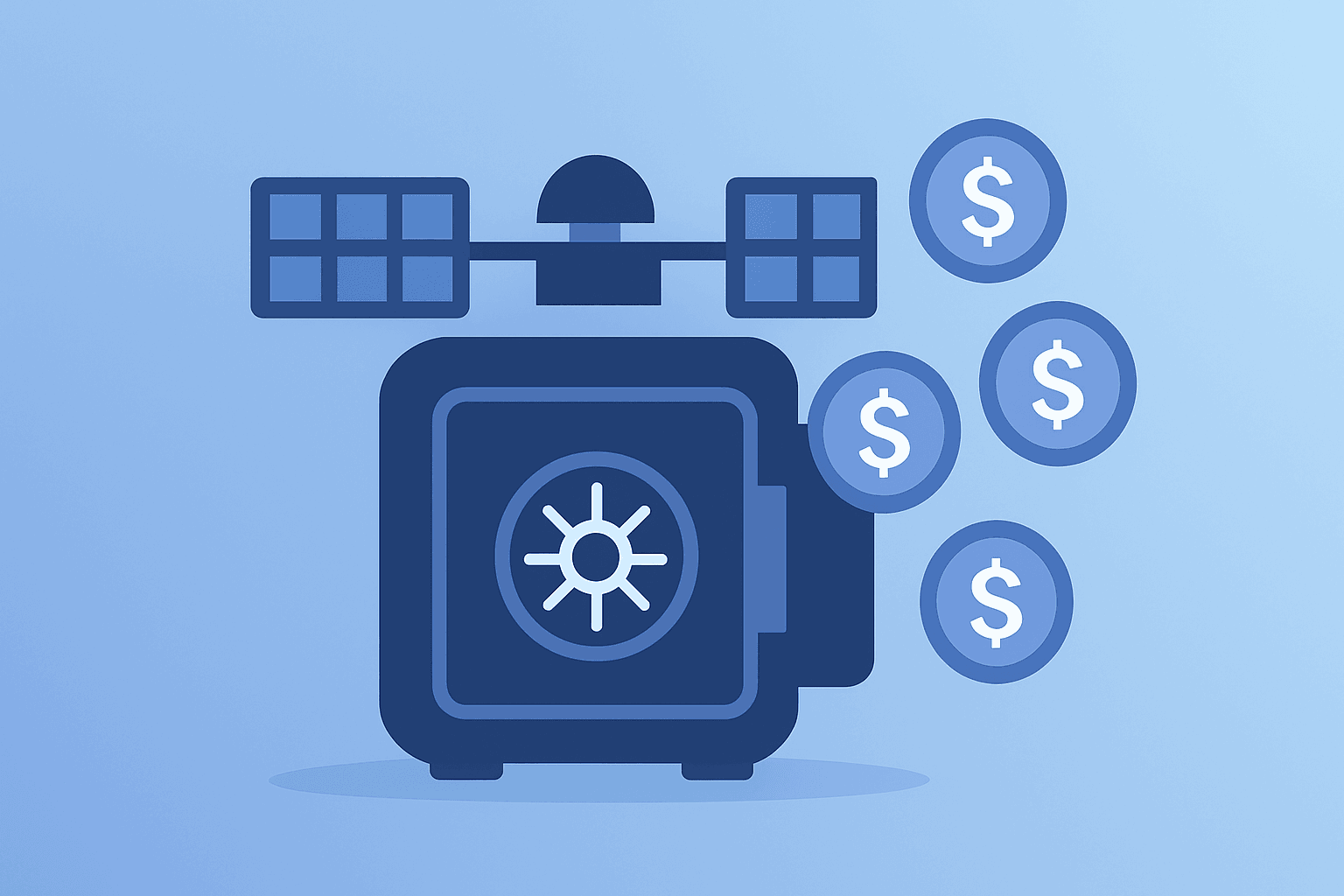 Flat filled vector of a satellite vault splitting into share tokens to symbolize SpaceX lockup expiration and supply risk.