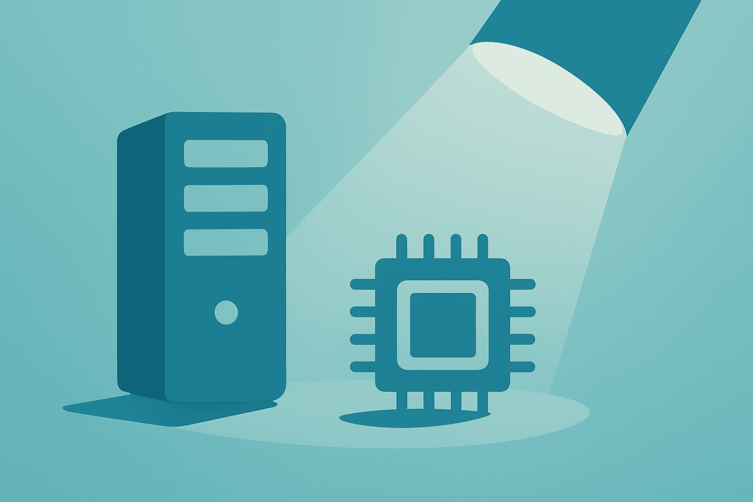 Flat vector server and chip cluster under policy spotlight symbolizing Magnificent 7 earnings and Fed uncertainty.