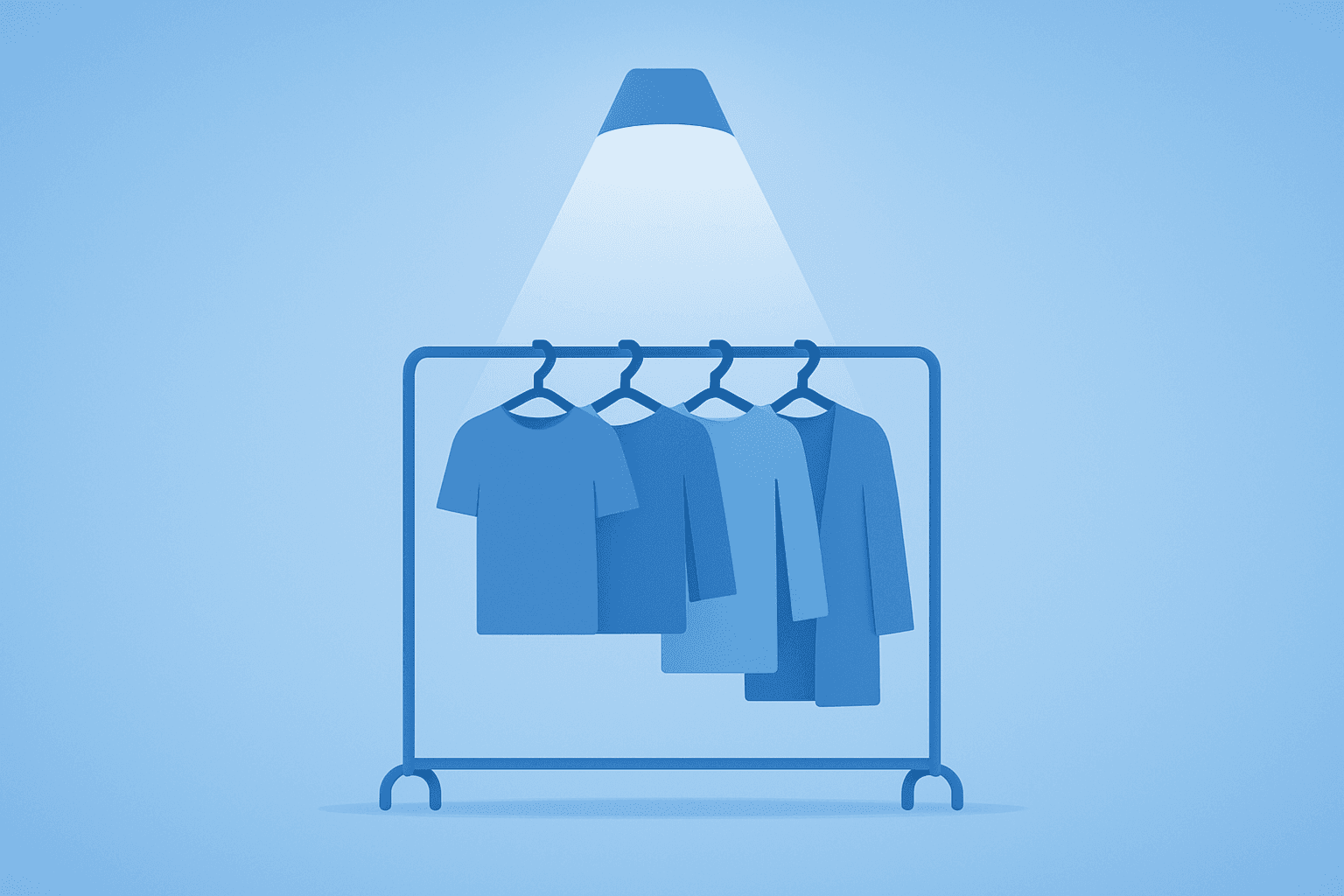 Flat filled vector of a clothing rack with expanding spotlight illustrating eBay acquires Depop and resale growth.