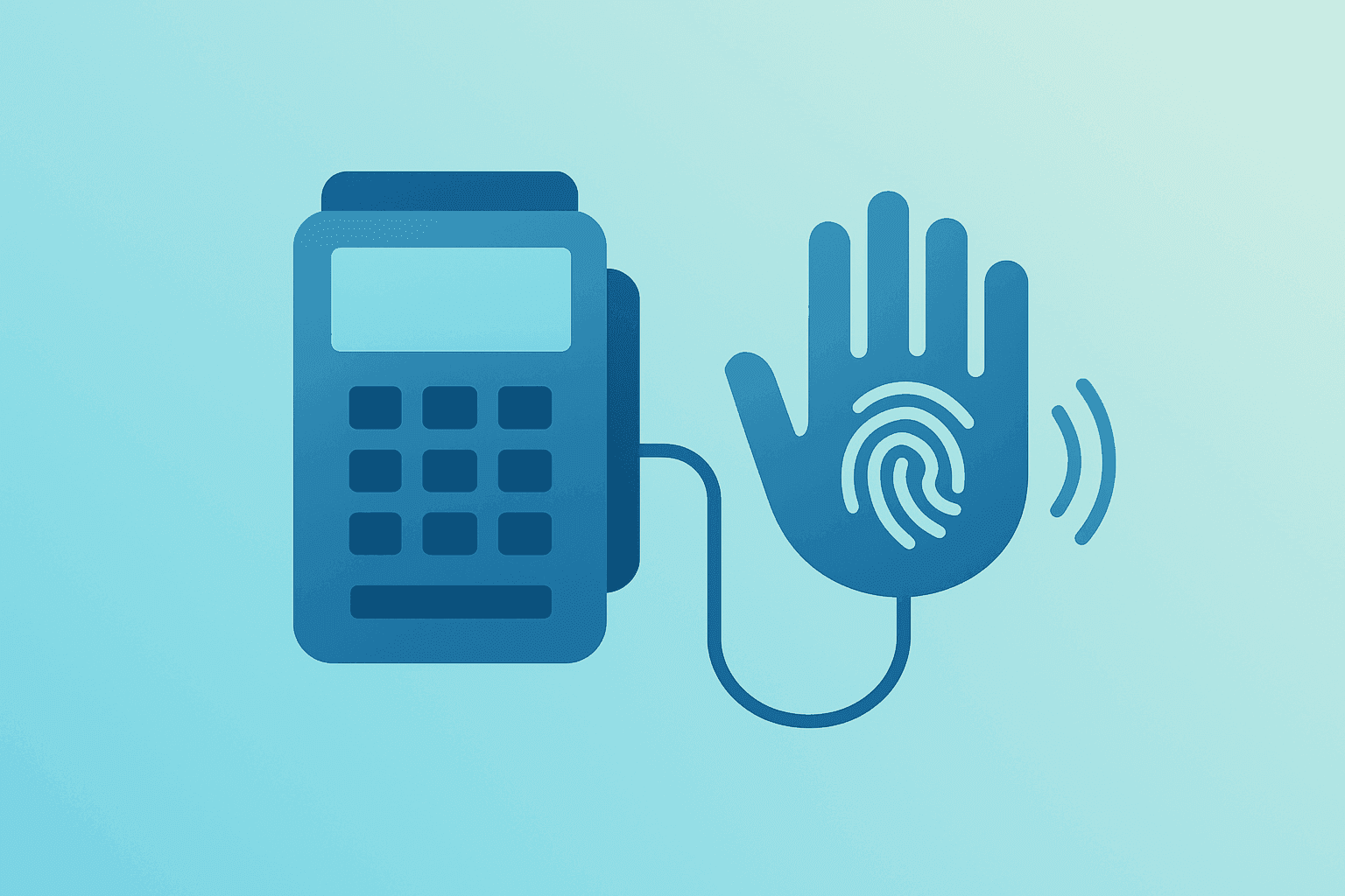 Flat vector of a payments server merging with biometric gesture lines to evoke behavioral biometrics and Visa to Buy BioCatch