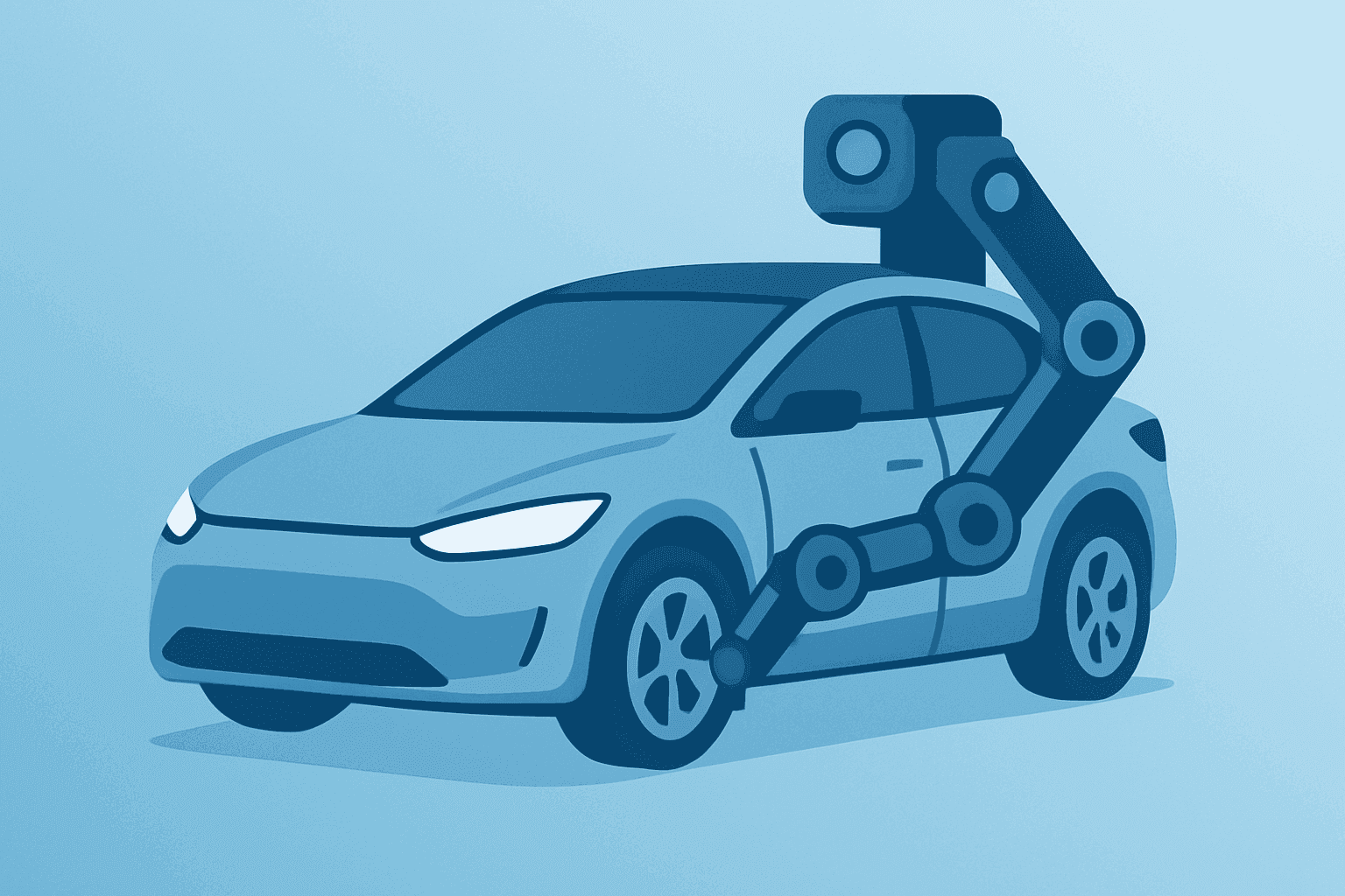 Flat filled vector car fused with robotic modules to suggest Robotaxi and Optimus updates at Tesla Q2 2026 earnings.
