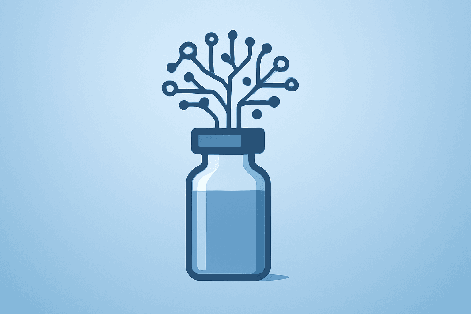 Flat vector of a vial fused with an expanding neural mesh representing Lilly Acquires AtaiBeckley and pipeline growth.