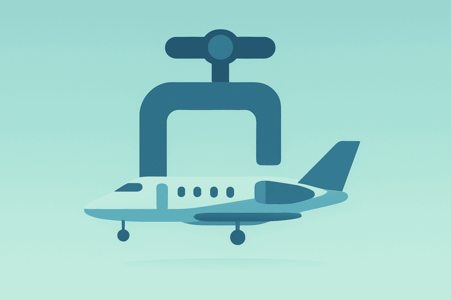 Flat filled vector of a business jet shell constrained by a policy clamp symbolizing the Bombardier U.S. sales ban threat.
