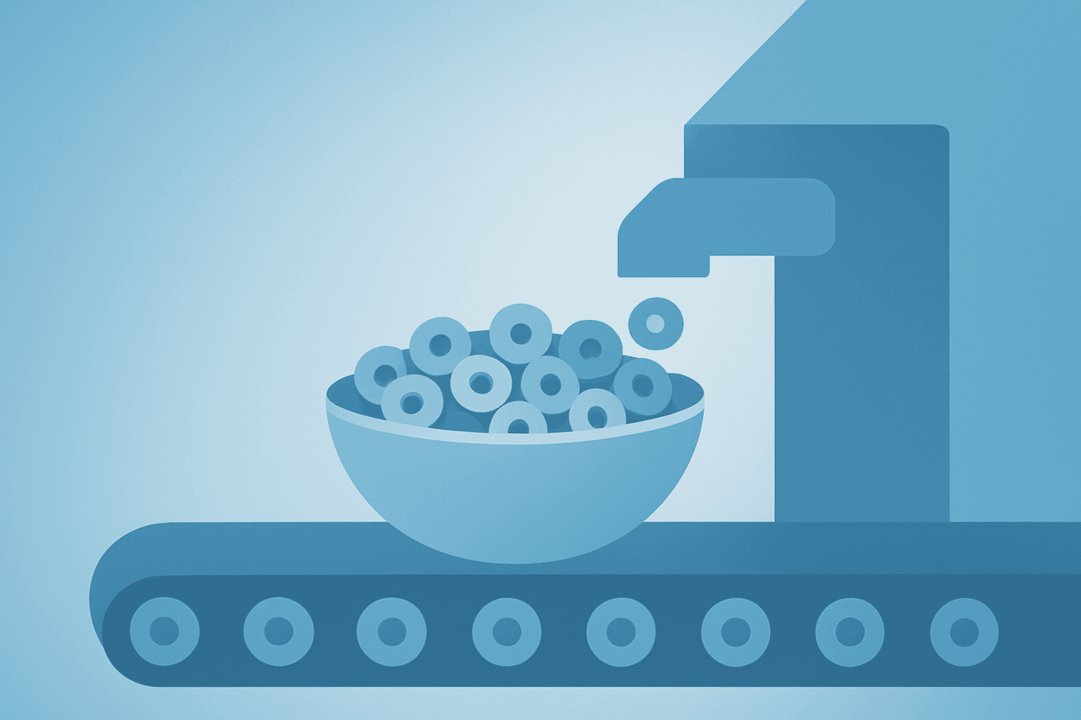 Flat vector cereal bowl on a dimmed factory line symbolizing General Mills Q3 earnings miss and reaffirmed outlook.