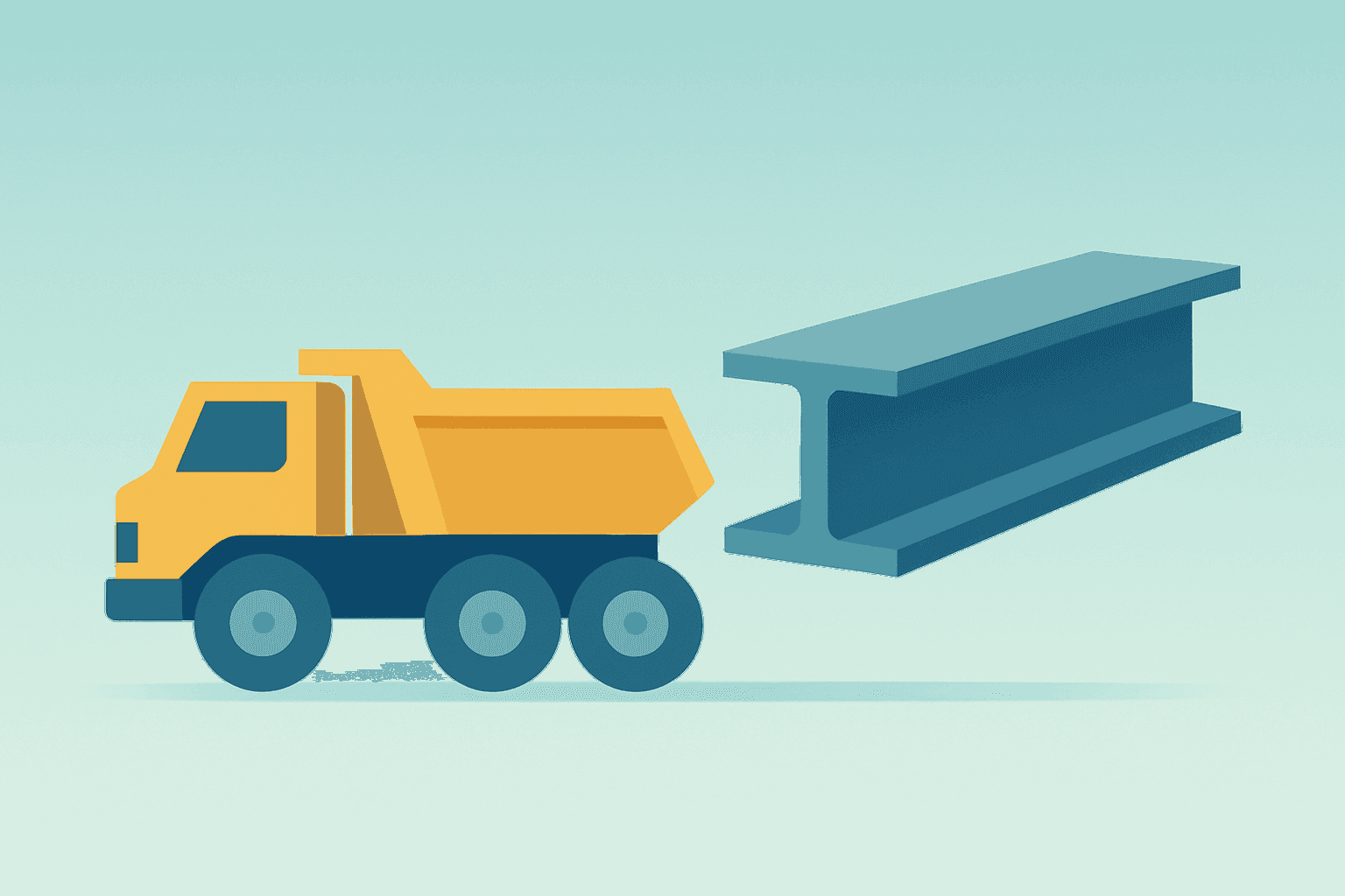 Centered flat vector of a concrete aggregate truck meeting a steel girder to symbolize the all-cash merger, CRH to Buy Arcosa