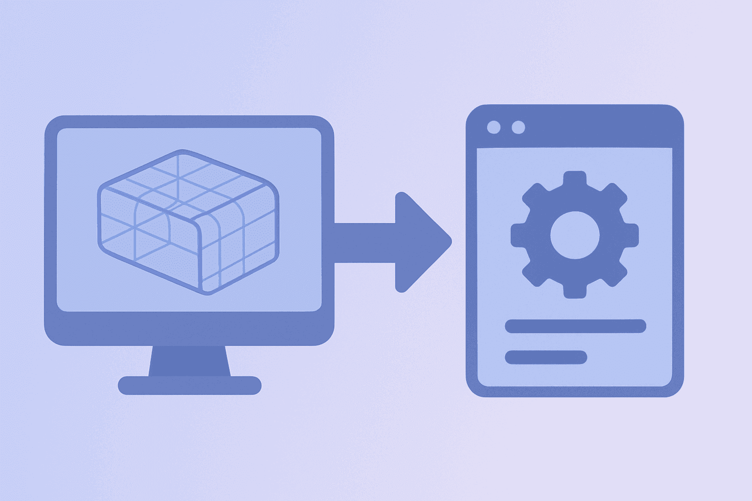 Flat vector of a CAD module linking to a maintenance module symbolizing Autodesk Q1 earnings and MaintainX acquisition