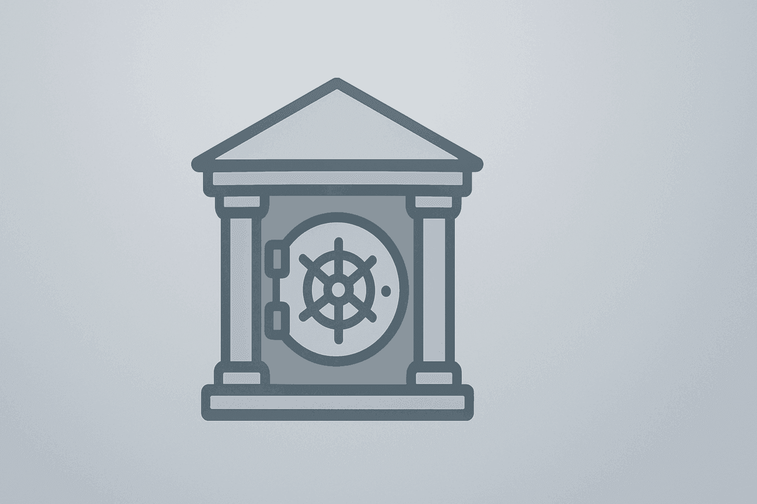 Flat filled vector of a merged bank vault and branch facade symbolizing the Intesa bid for Monte dei Paschi and carve-outs.