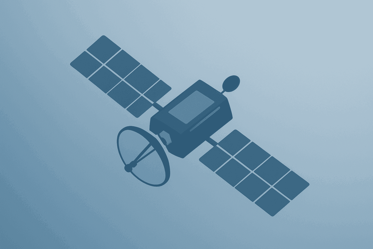 Flat filled vector of a satellite module under a dimming glow, symbolizing Planet Labs earnings and a $1.5B stock offering.