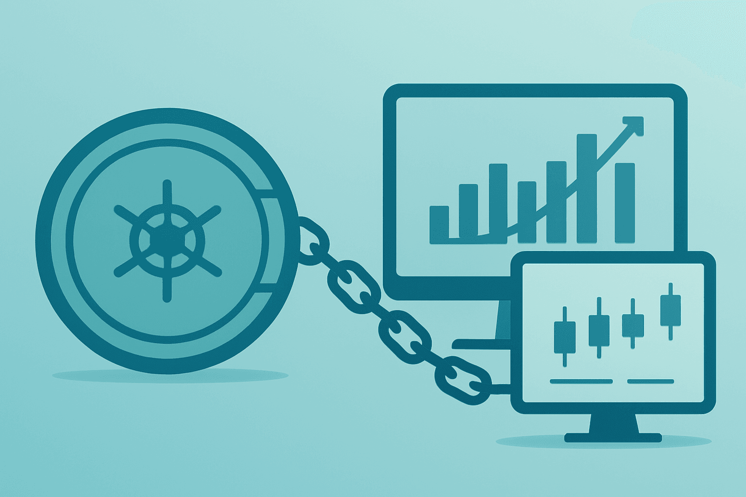 Flat vector of a bank vault linked to trading terminals symbolizing Bank of America earnings driven by trading revenue.