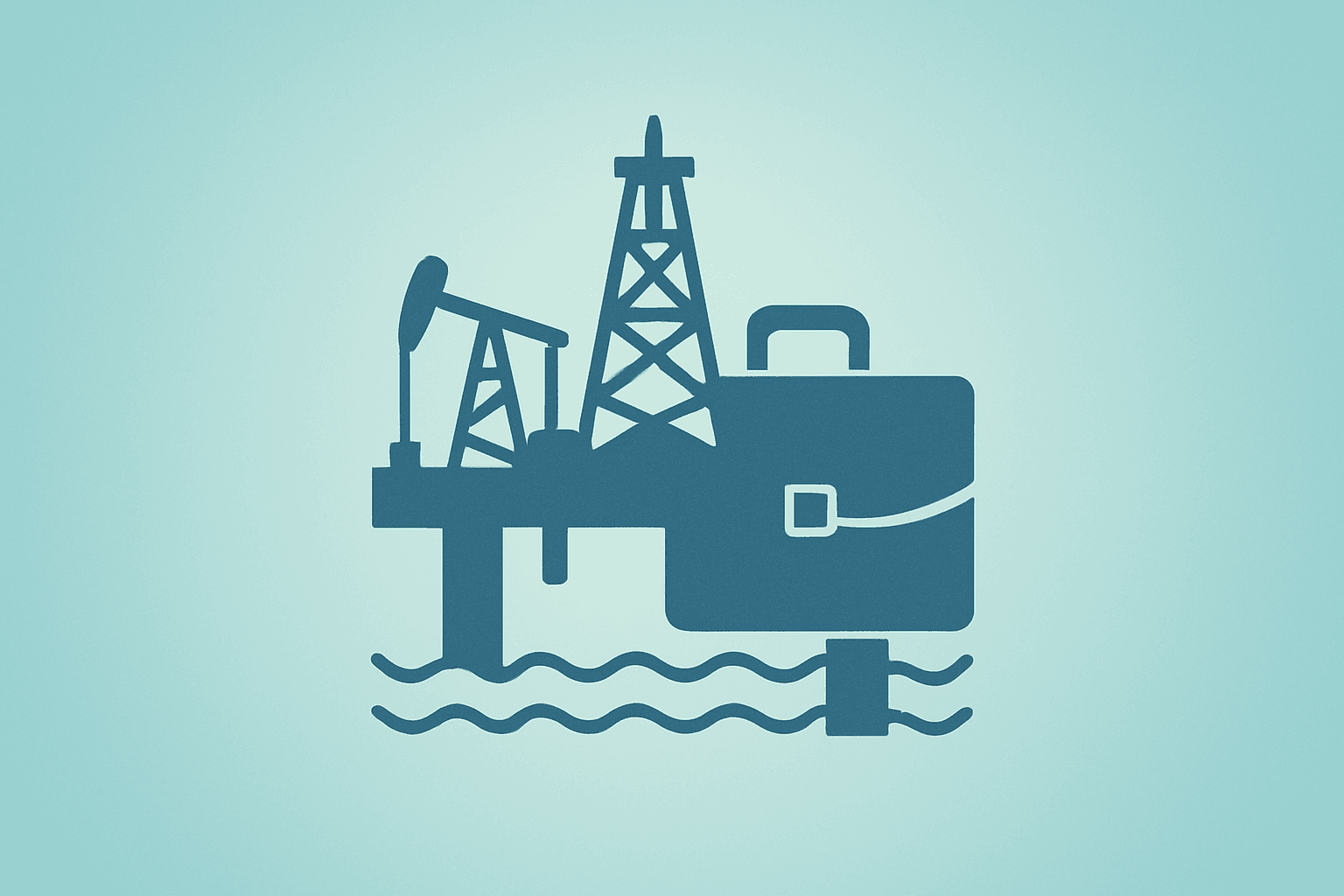 Flat vector of an oil rig fused with a stripped corporate briefcase symbolizing BP CEO Meg O'Neill's refocus on oil and gas.