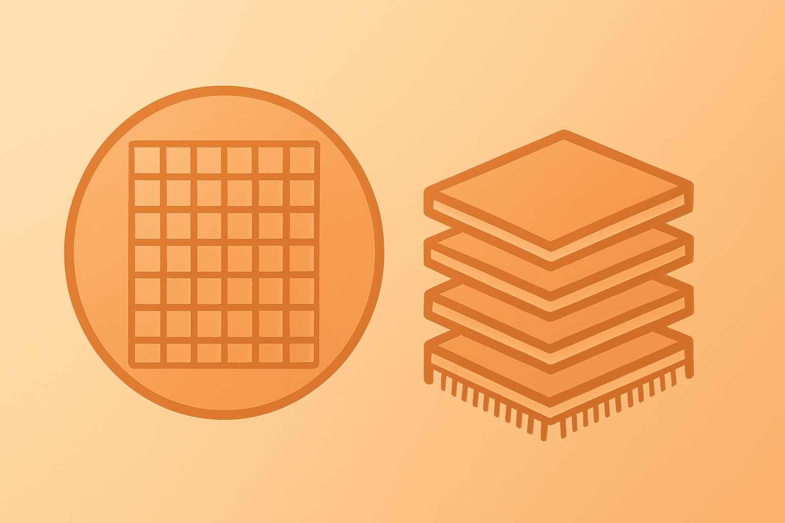 Flat vector of a semiconductor wafer and stacked memory modules symbolizing HBM supply tightness and Micron earnings momentum.