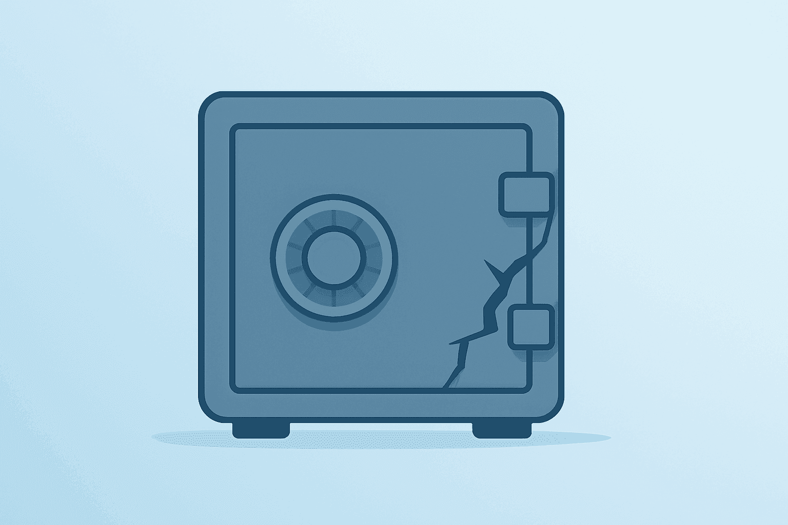 Flat vector vault with cracked latch symbolizing Paramount Warner Bros merger delay and ticking-fee cash strain.