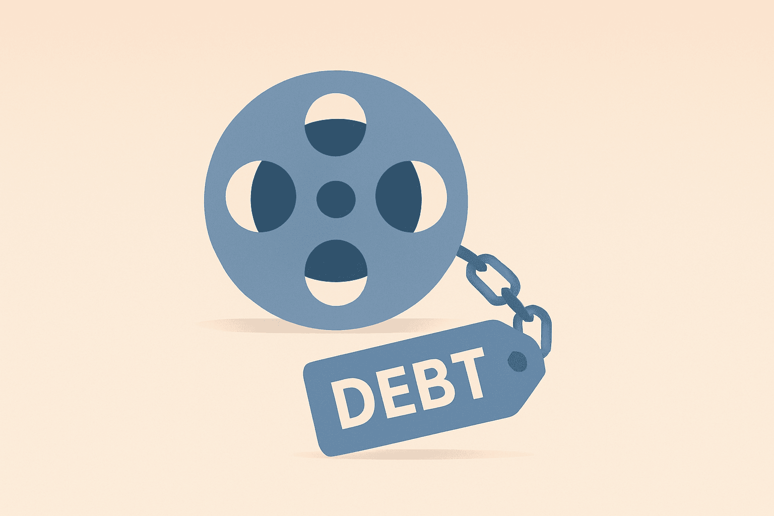 Minimal flat vector of a strained film reel symbolizing Netflix Warner Bros acquisition and $50.0 billion debt and legal risk