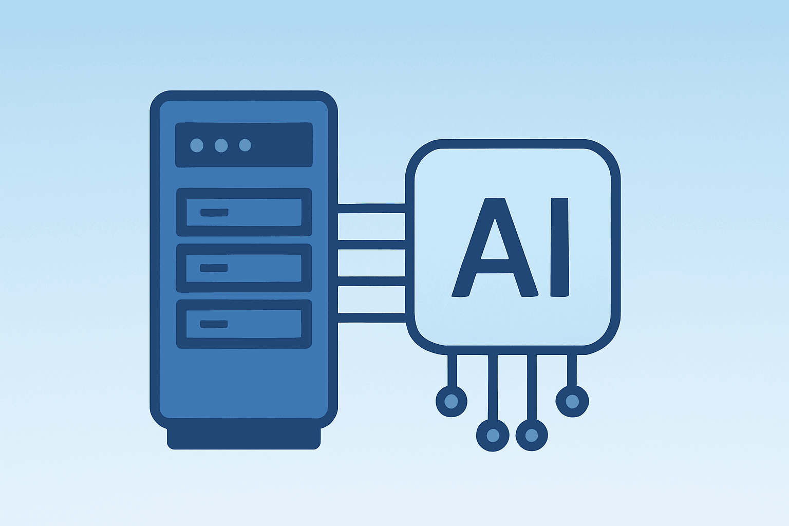 Flat vector of a server rack merged with a stacked AI chip to symbolize Amazon India investment expanding AWS capacity.