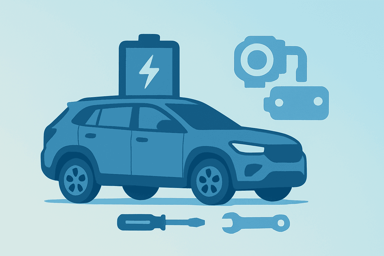 Flat filled vector of a compact SUV melding with simplified assembly parts to symbolize the Tesla Compact SUV plan.