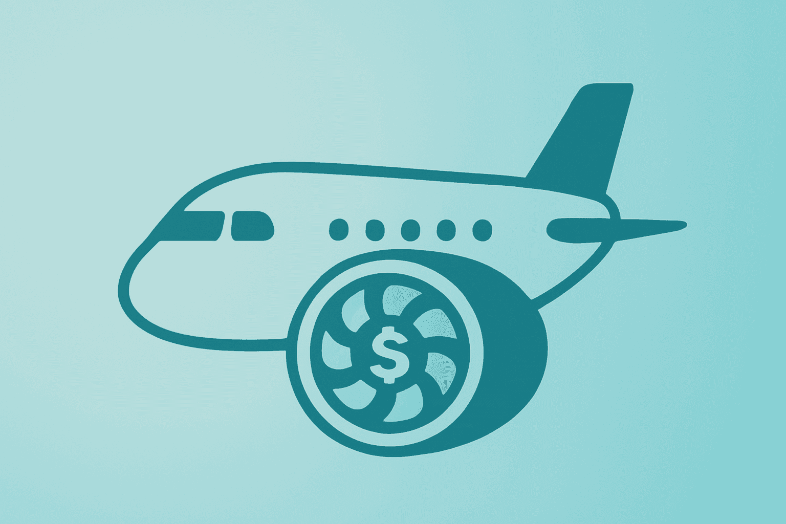 Flat vector of an aircraft fuselage powering a cash-flow turbine for Embraer Q2 2026 earnings cover.