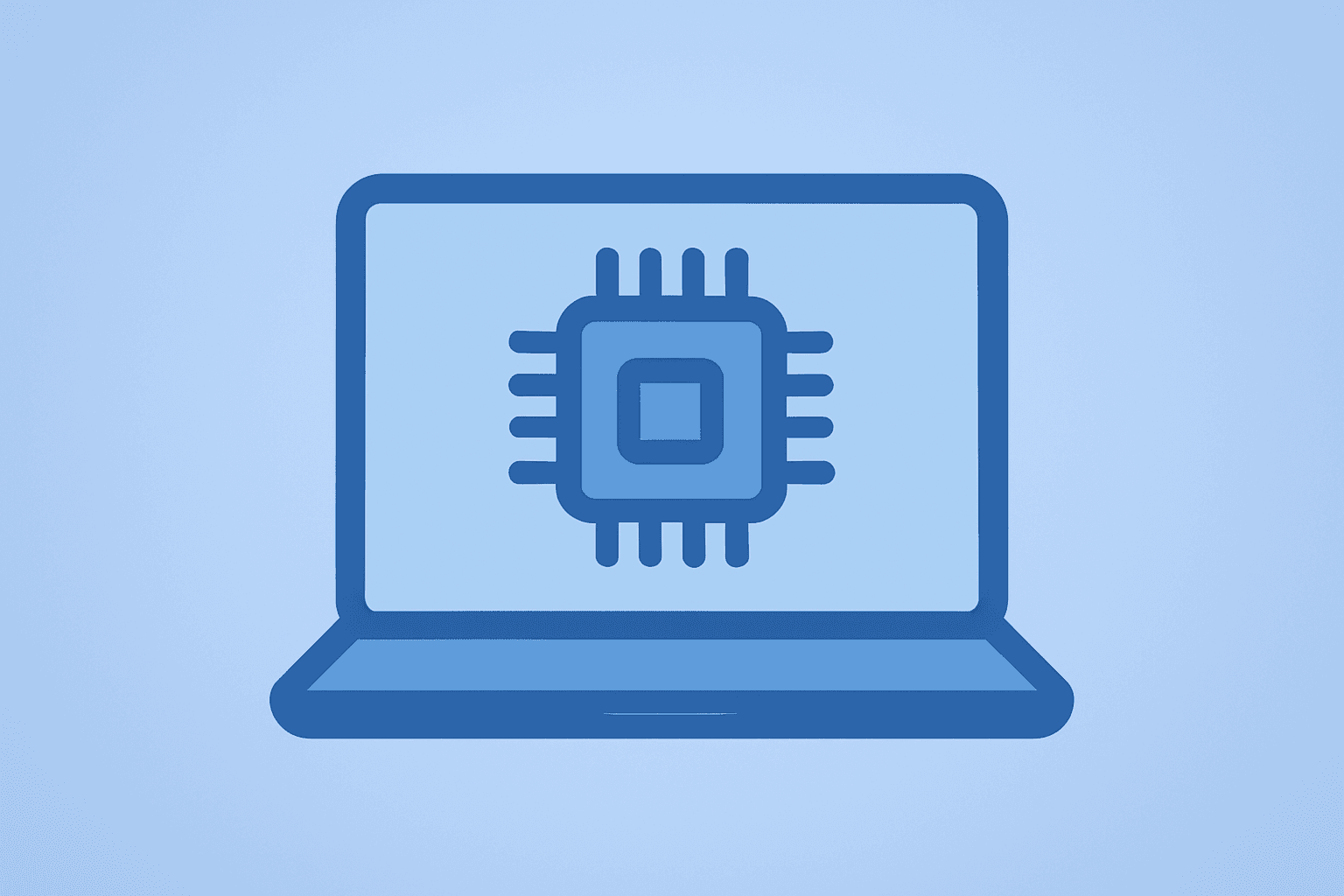 Flat vector of a silicon chip fusing into a laptop to represent Apple M5 MacBook AI gains and memory-driven price pressure
