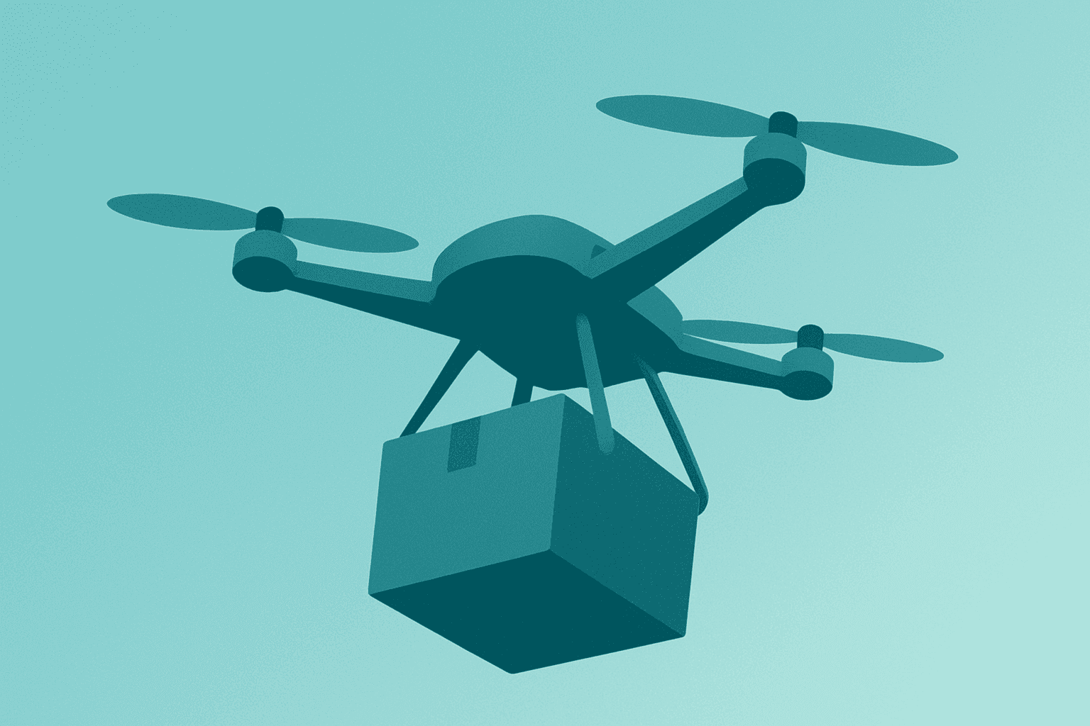 Flat vector of DoorDash drone delivery prototype over a landing pad with subtle shadow_lift on a light cobalt-silver gradient