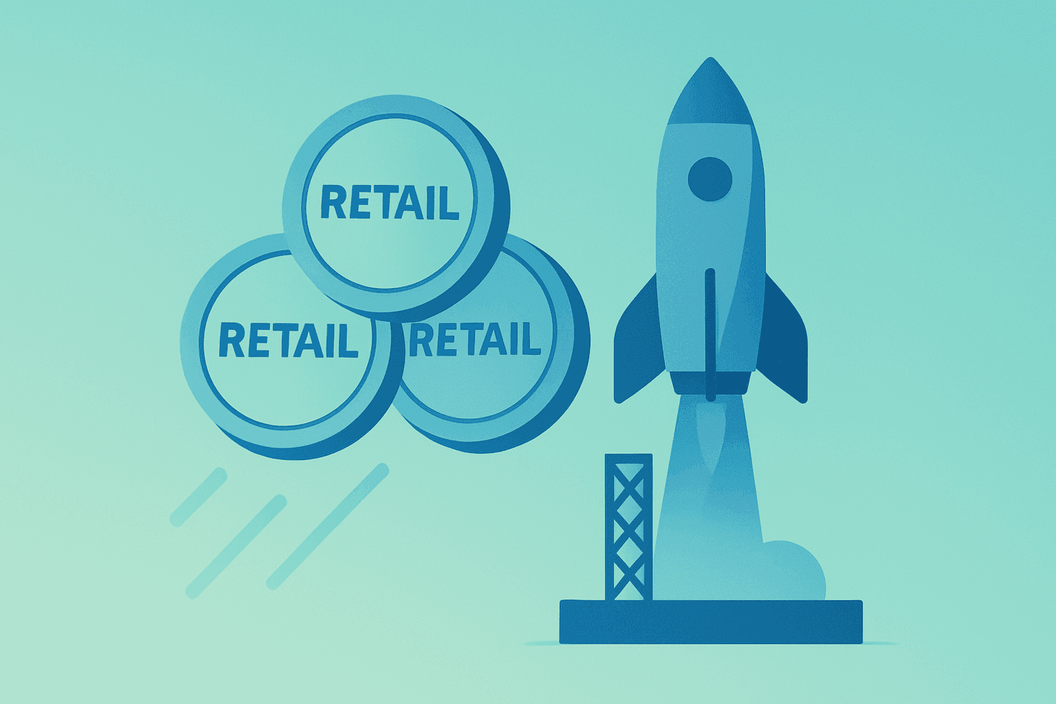 Flat-vector rocket launchpad symbolizing the SpaceX IPO retail allocation and June roadshow with subtle shadow lift.