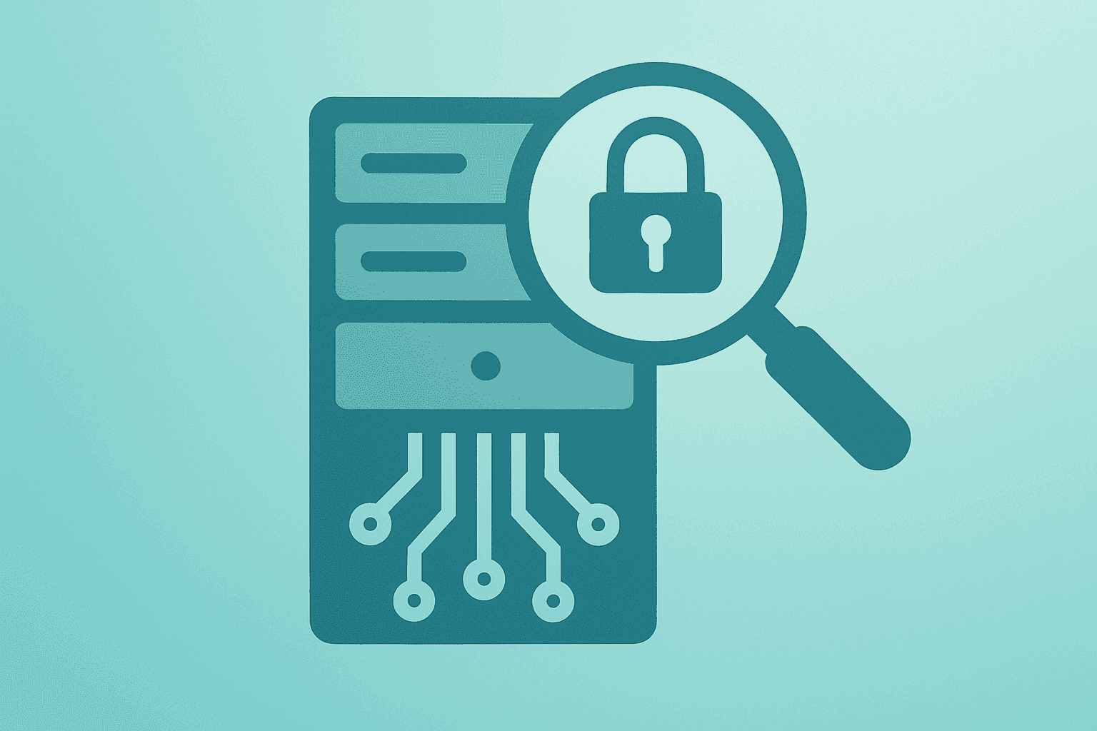 Flat vector icon of a server core under examination to symbolize AI Model Security Reviews and predeployment testing oversight.