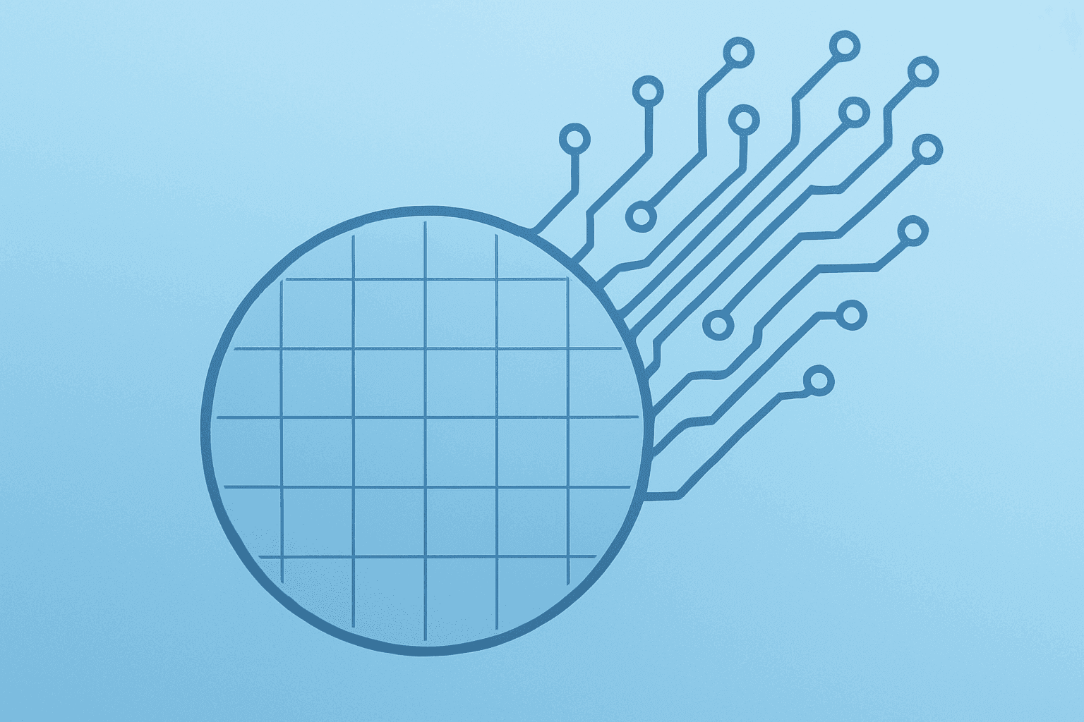 Flat vector of a silicon wafer with blooming circuits on an emerald-pearl gradient symbolizing TSMC Q1 revenue and AI demand.