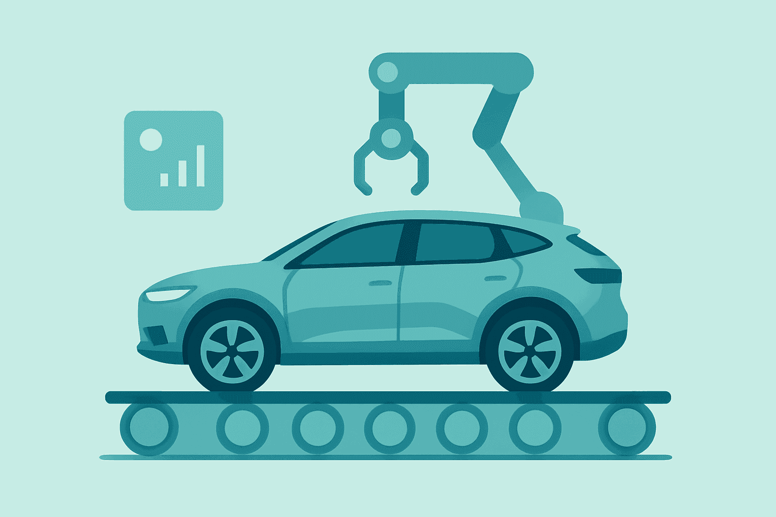 Stylized flat-vector electric SUV merging with a simplified production line to represent Rivian Q2 results and R2 ramp.