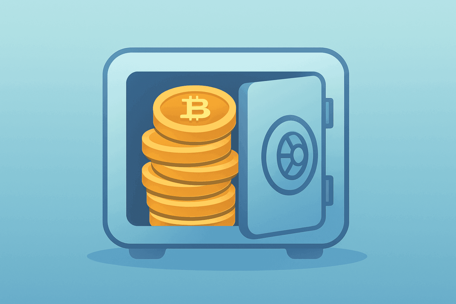 Flat-vector digital vault swelling with stacked tokens illustrating MSTR bitcoin purchases and larger corporate holdings.