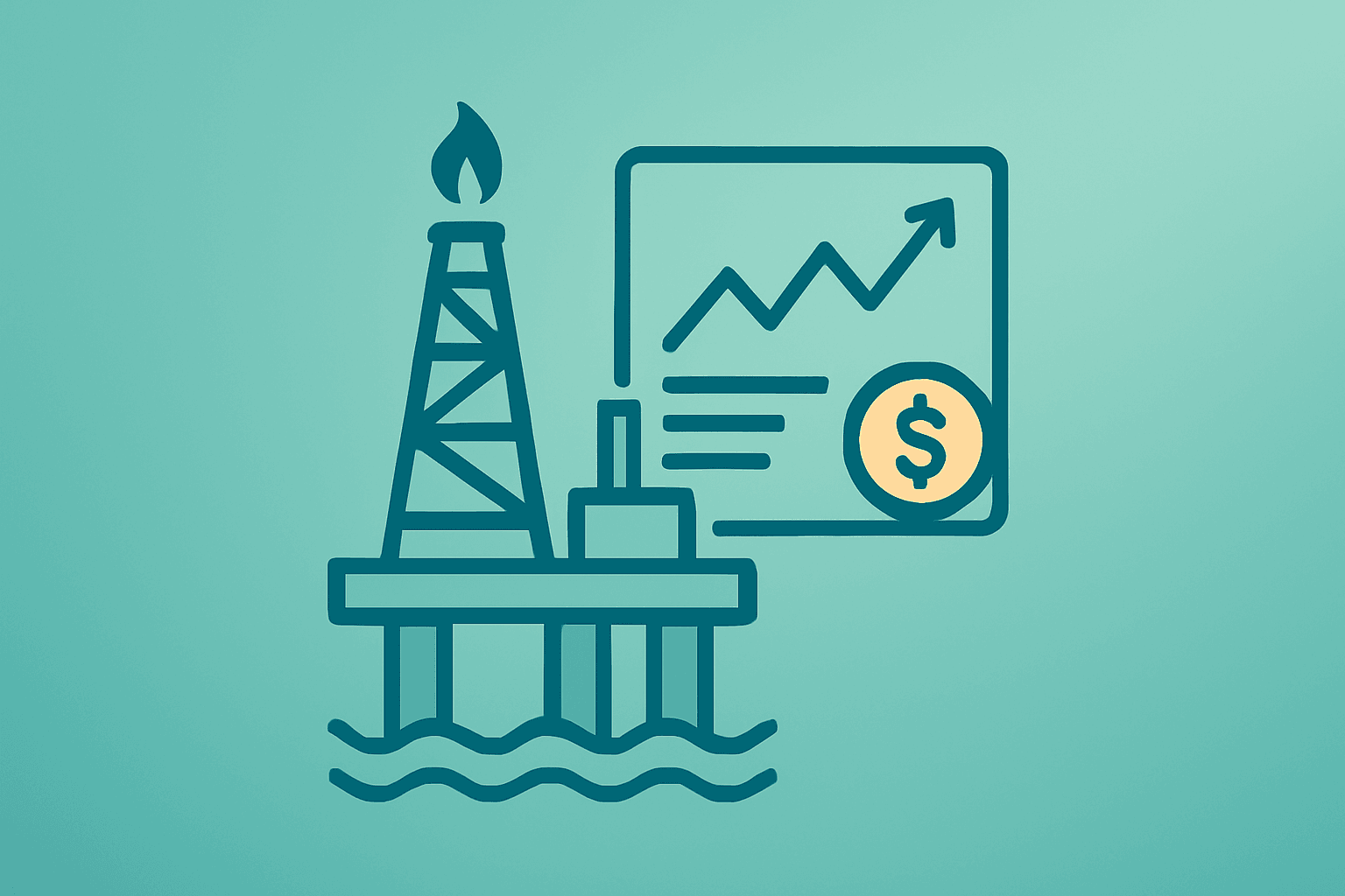 Flat vector of an offshore platform with a trading-terminal motif representing BP Q1 profit driven by Brent volatility.