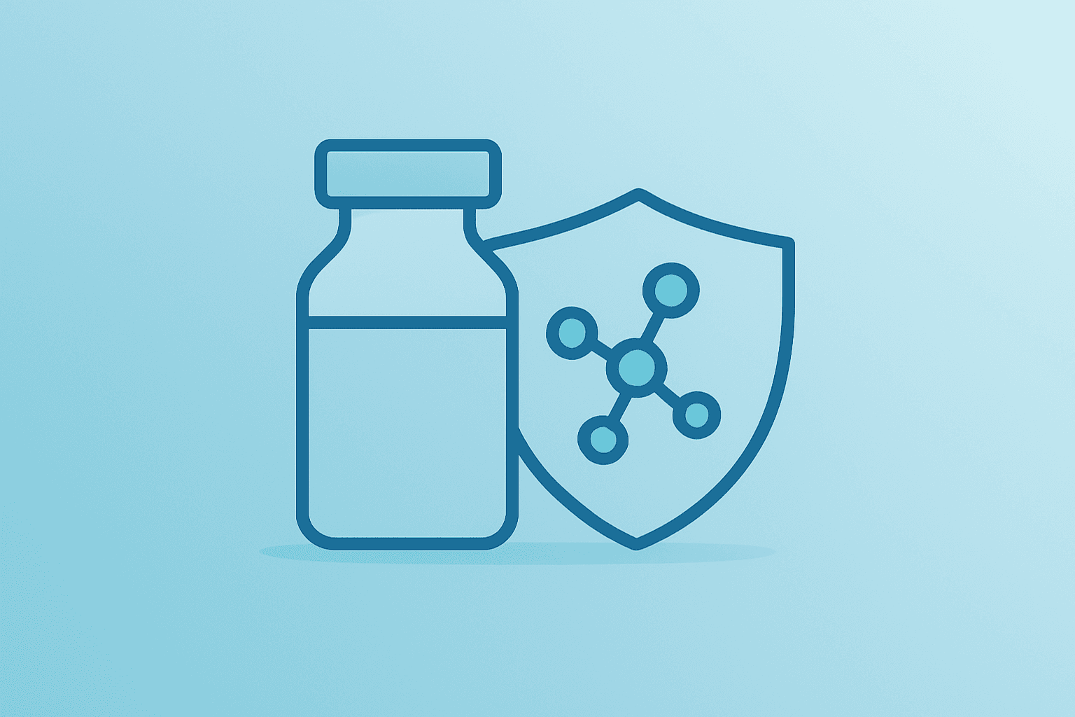 Flat filled vector of a vial merging with a molecular shield to symbolize Novartis Acquires Excellergy and anti-IgE science