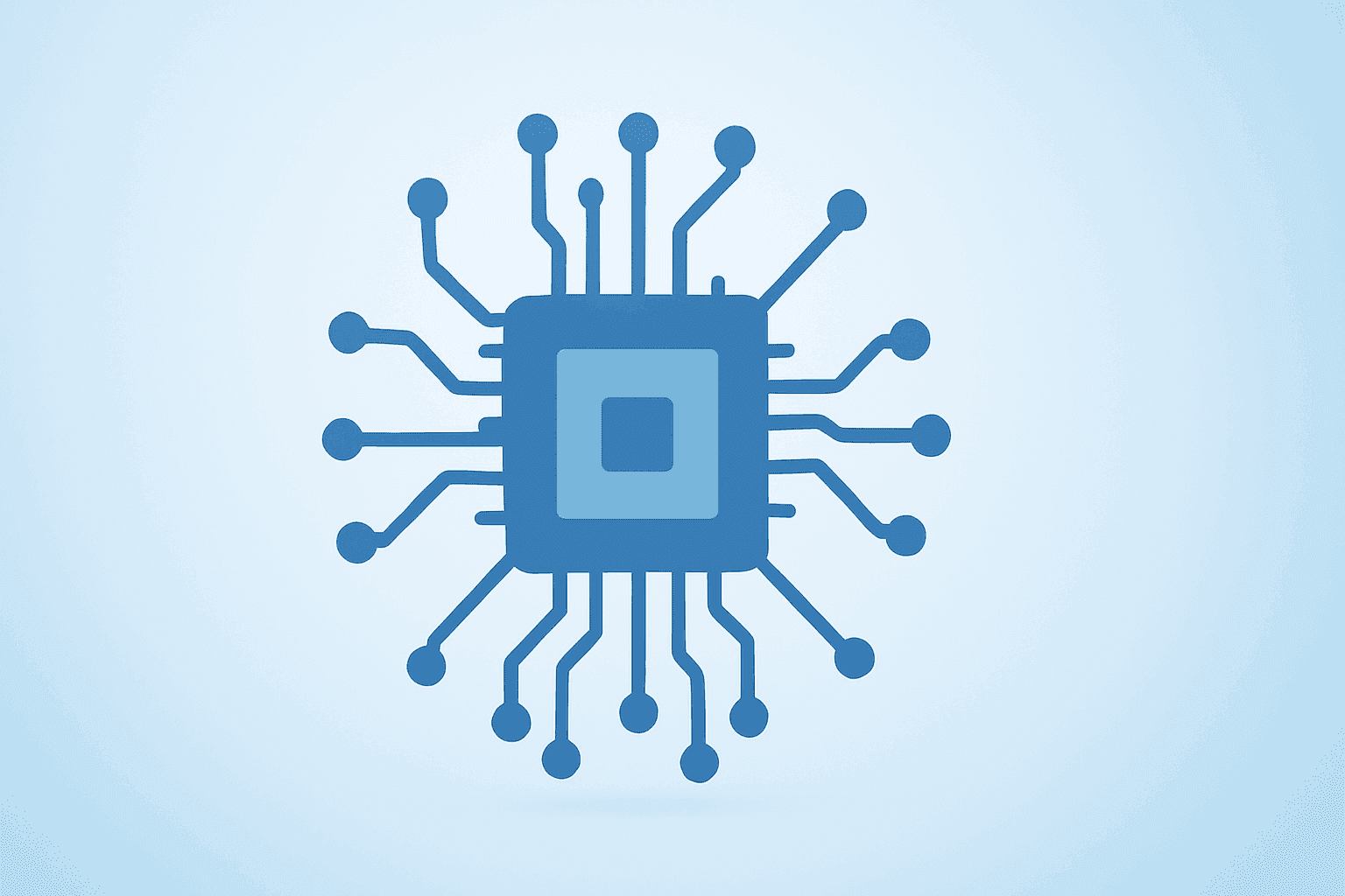 Flat vector of a semiconductor chip with expanding circuit lines, symbolizing AI chip-design demand and Cadence Q2 earnings.