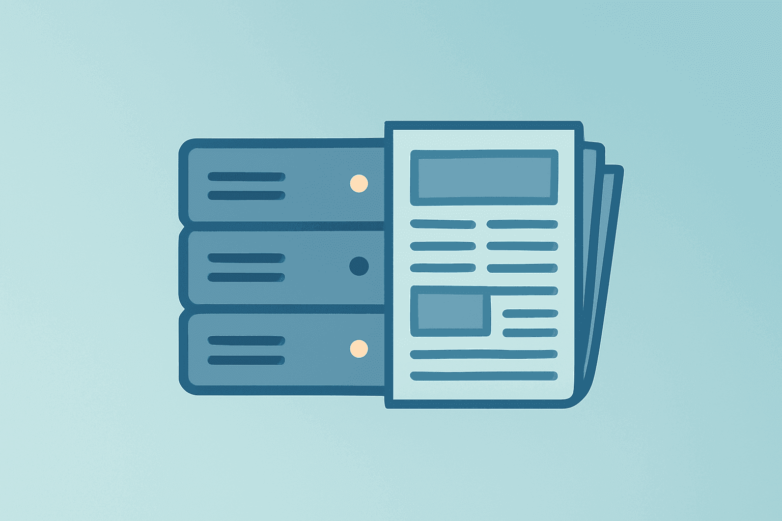 Flat filled vector of a server merging with a newspaper to symbolize legal risk in the OpenAI Microsoft copyright lawsuit.