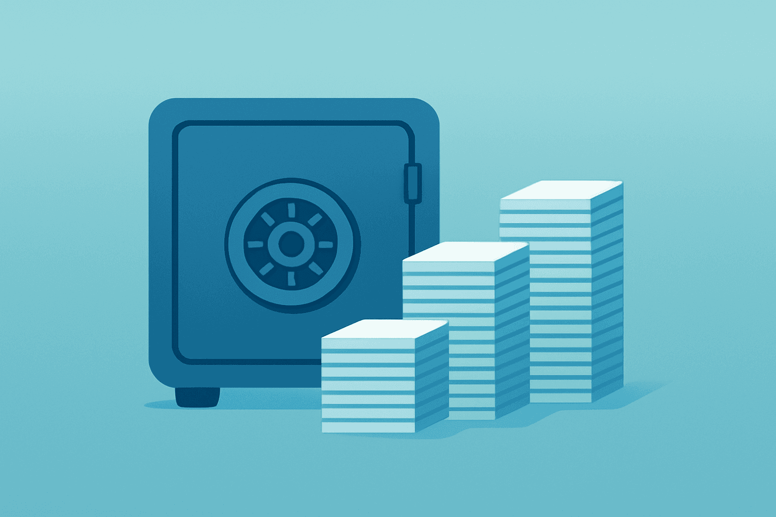 Flat filled vector of a stacked insurer vault symbolizing Zurich to buy Beazley and expanded specialty insurance scale.