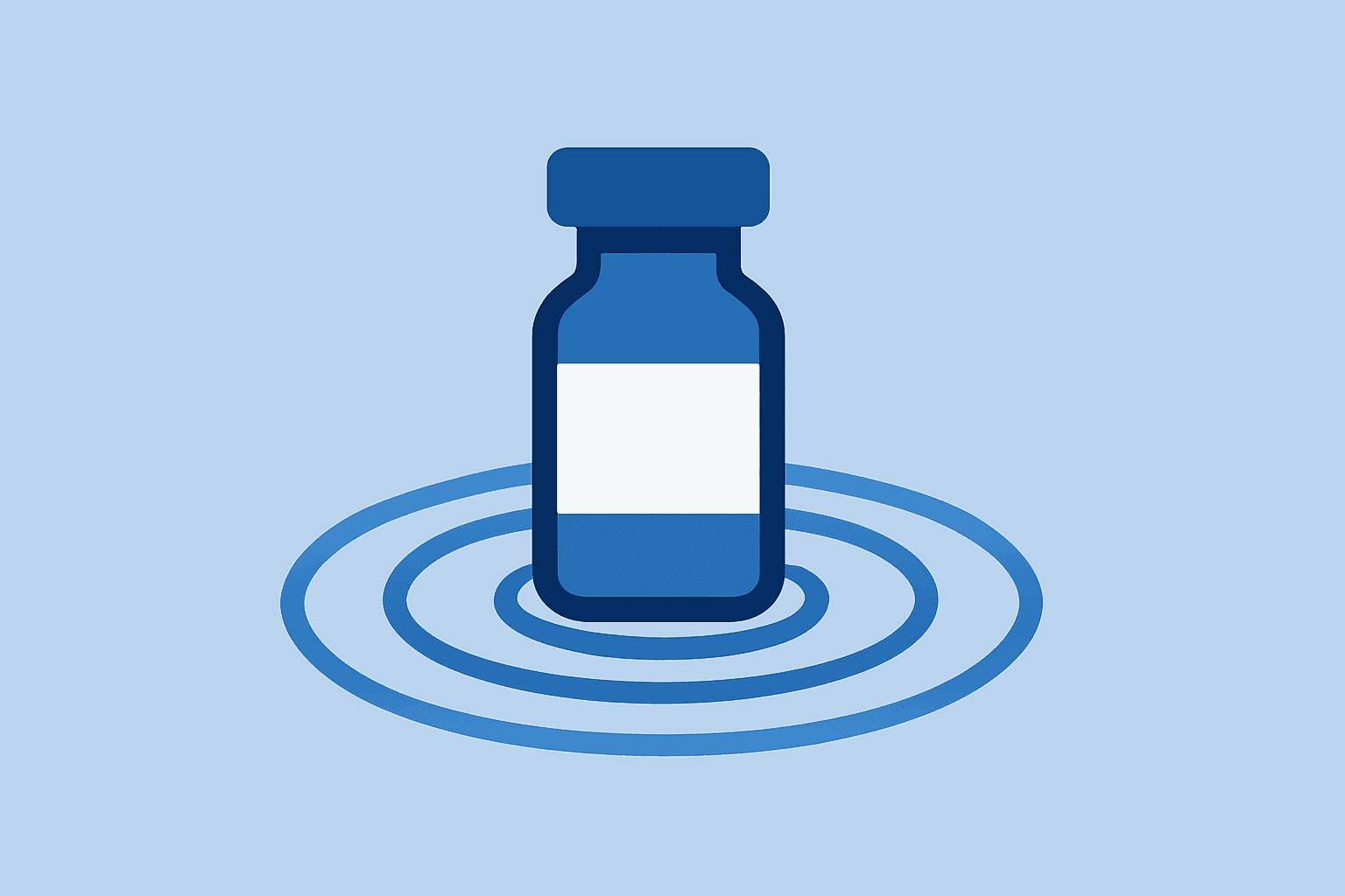 Flat filled vector of a medicine vial with expanding rings representing Amgen Q1 results, sales growth and Tavneos tension.