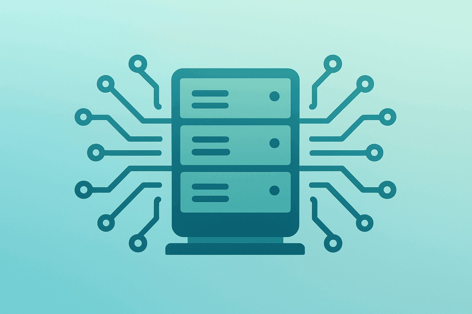 Centered flat vector of a server rack with circuit traces symbolizing tech infrastructure behind the S&P 500 April rally.