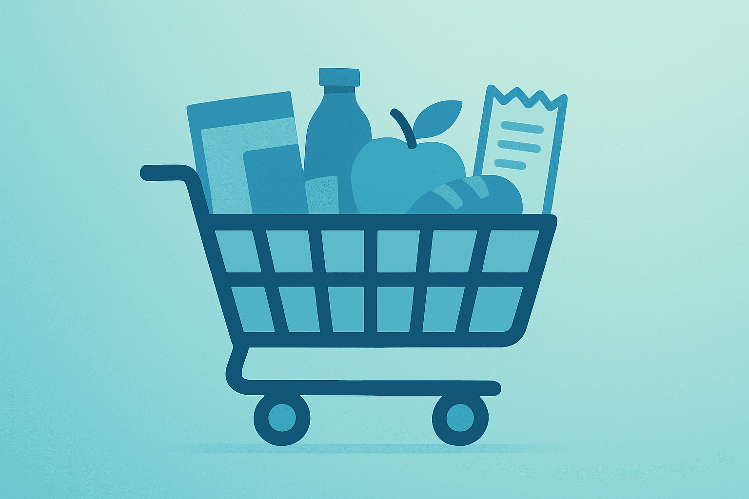 Centered flat vector of a shopping cart overflowing with essentials illustrating Costco earnings strength.