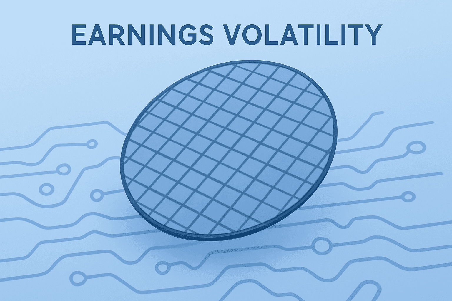 Flat vector server chip under a subtle trembling field representing Intel earnings volatility and options-implied swing risk.