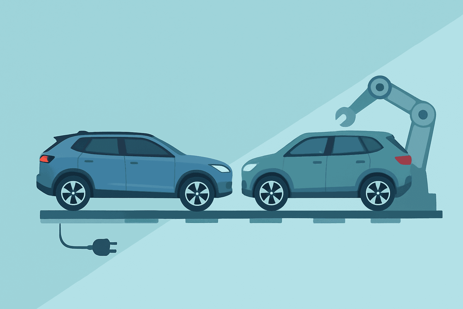 Flat vector compact SUV and factory module symbolizing Volkswagen halts ID.4 production and plant shift