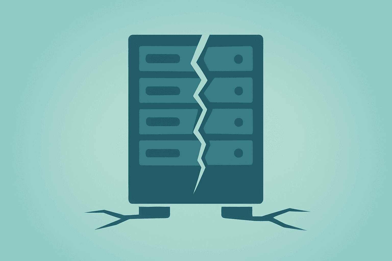 Flat filled vector of a server rack cracking under strain to symbolize CoreWeave securities lawsuits and scaling failures.