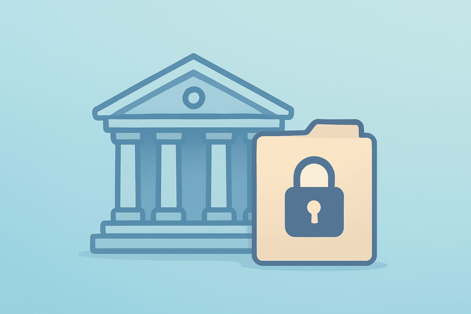 Flat-vector Fed HQ model with sealed legal file and dimmed light representing the Powell DOJ Probe and blocked subpoenas.