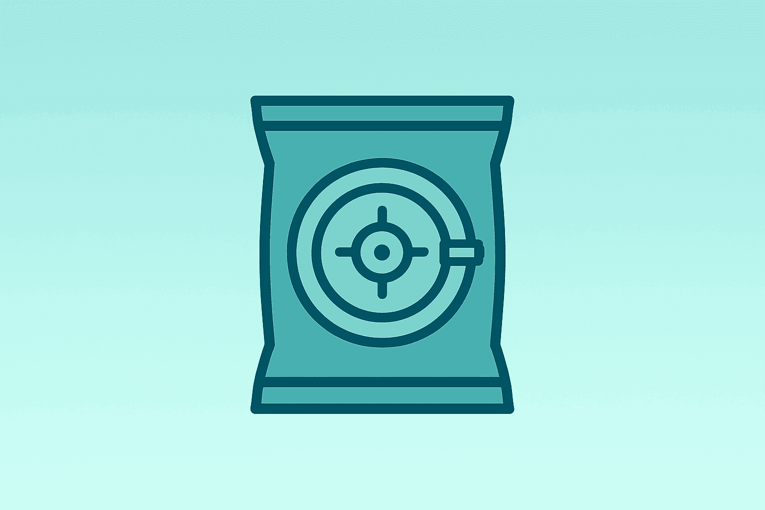 Flat filled vector of a snack bag merged with a closed vault to represent Utz acquisition and private ownership transition.