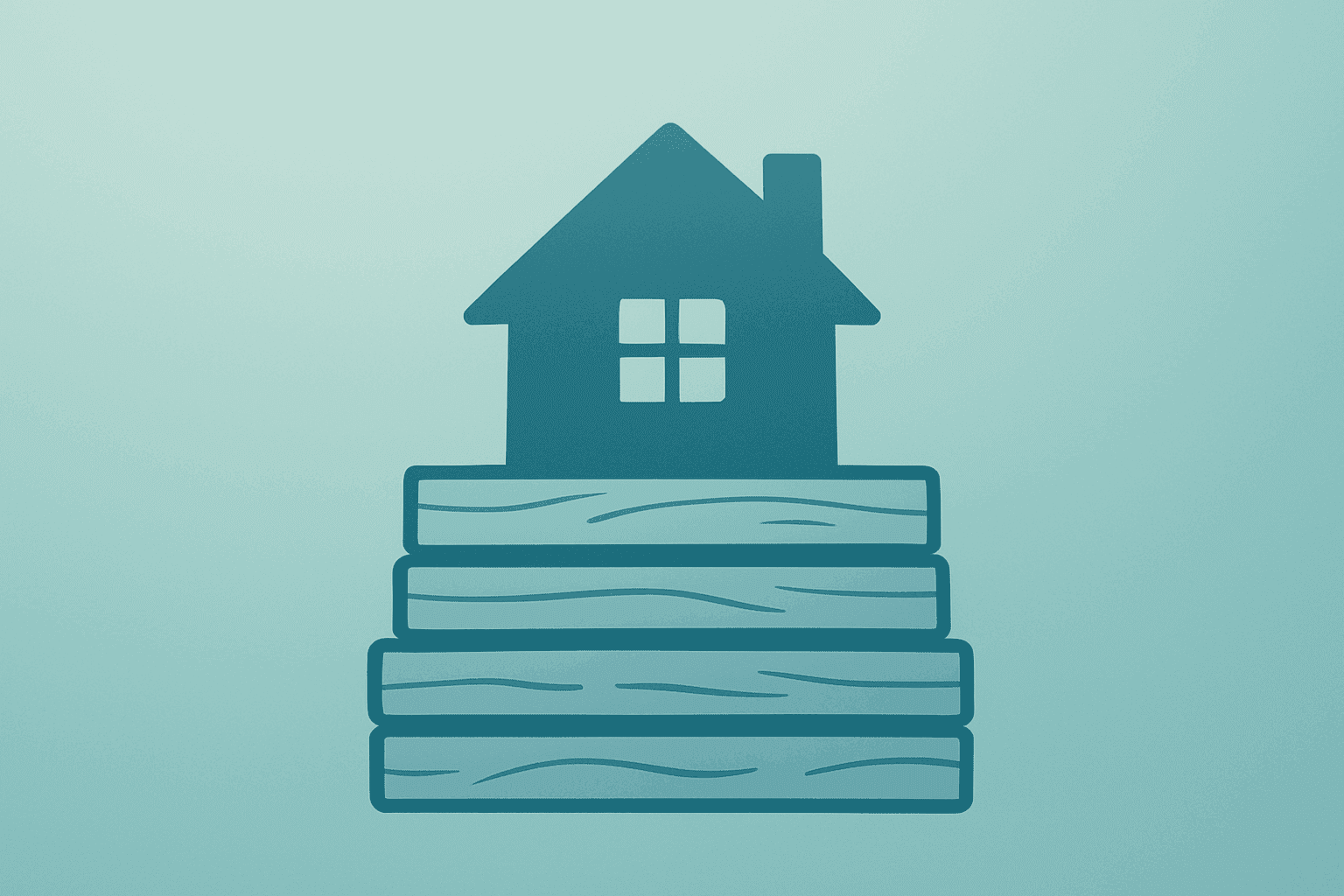 Flat filled vector of stacked lumber meeting a shrinking house silhouette to symbolize Home Depot earnings and Pro demand.