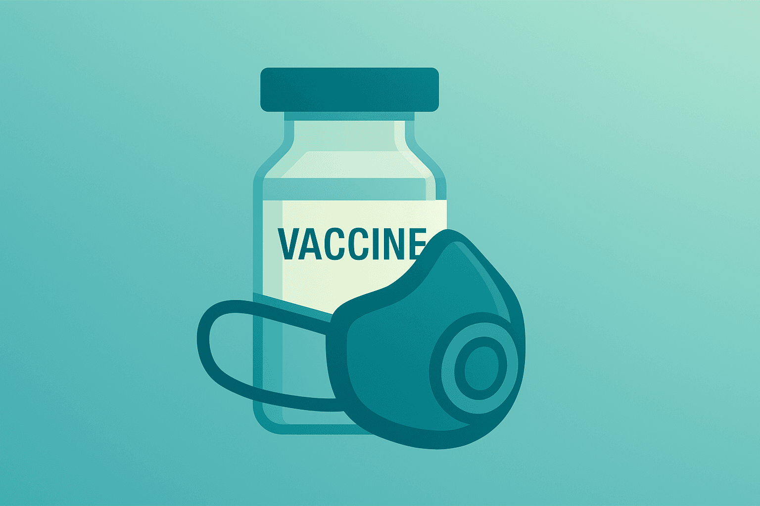 Flat filled vector of a vaccine vial fused with a respirator to symbolize Merck to acquire Cidara and the CD388 flu program.