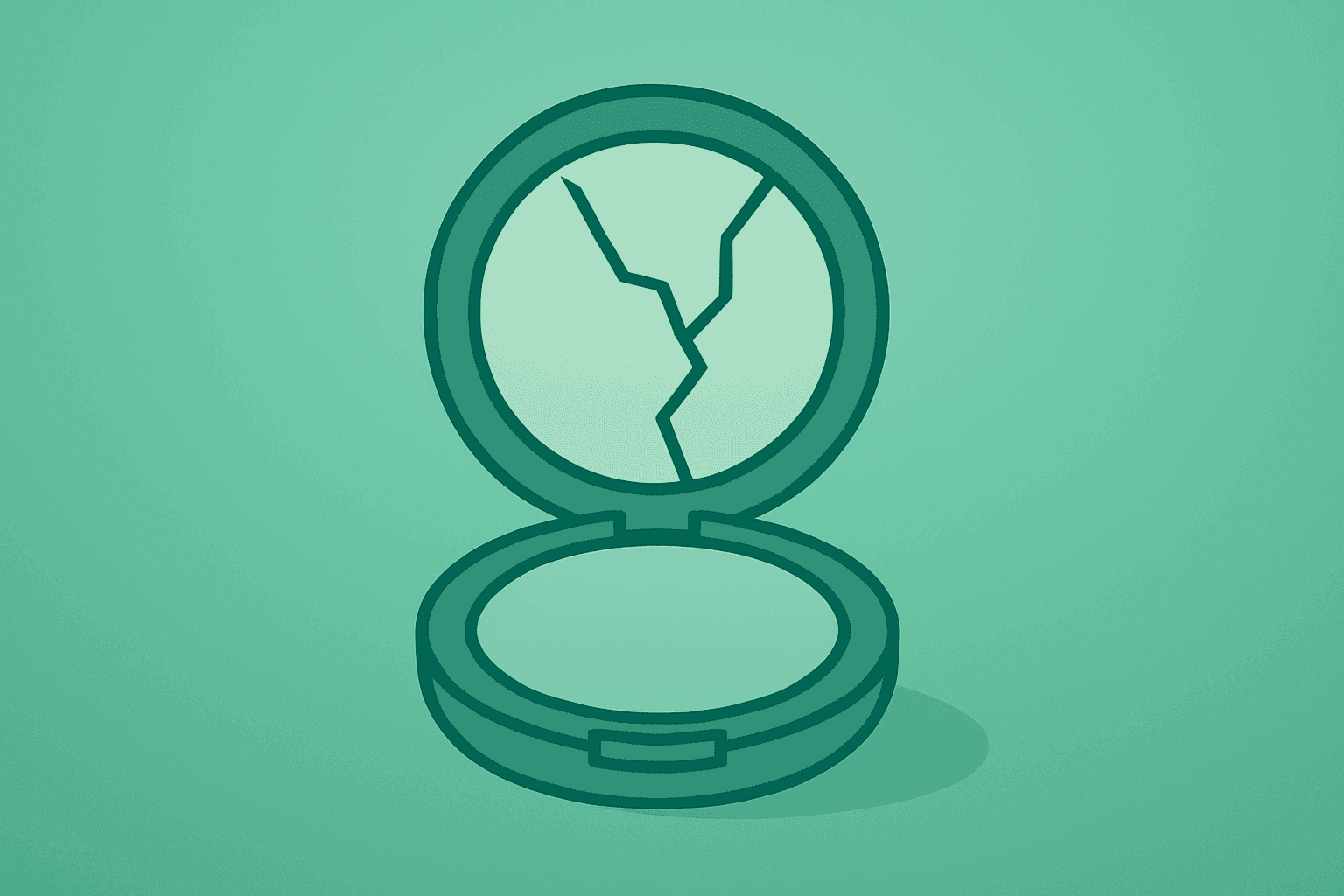 Flat filled vector of a broken compact symbolizing the Estee Lauder Puig merger breakdown and strategic split.