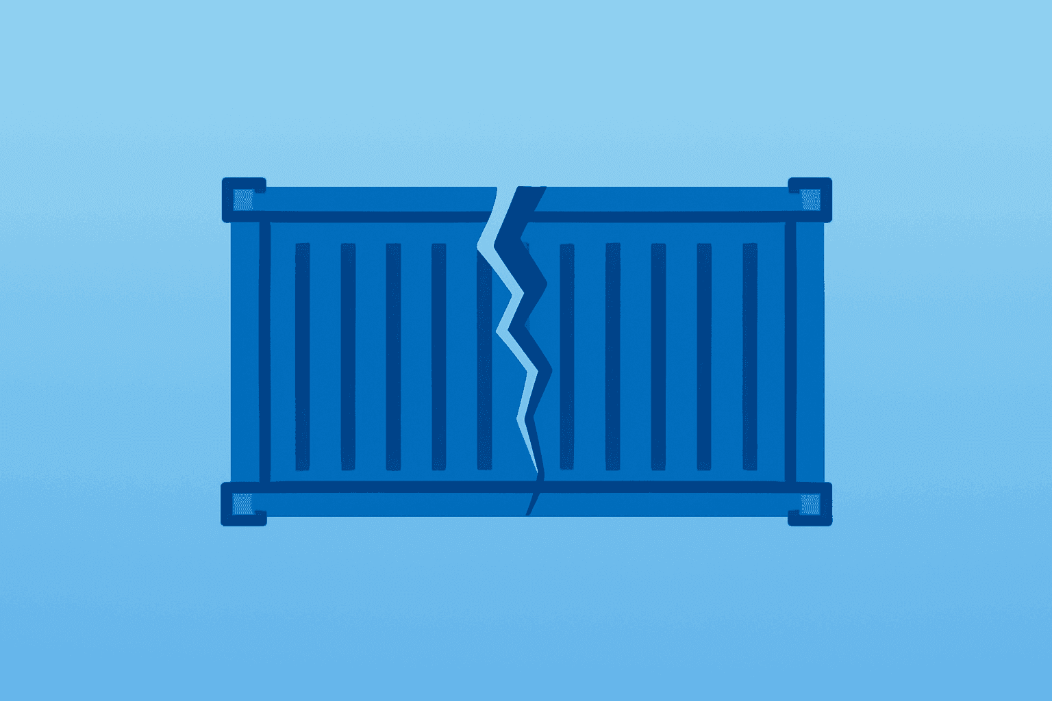 Flat vector of a stylized freight container and broken trade bridge symbolizing tariffs on Canadian goods and strained cross border trade.